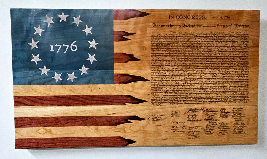Declaration of Independence wooden wall plaque with 1776 flag and engraved document