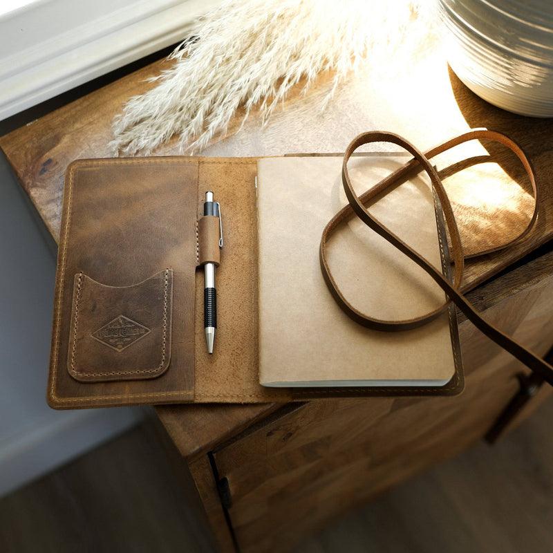 An open leather journal resting on a wooden table.