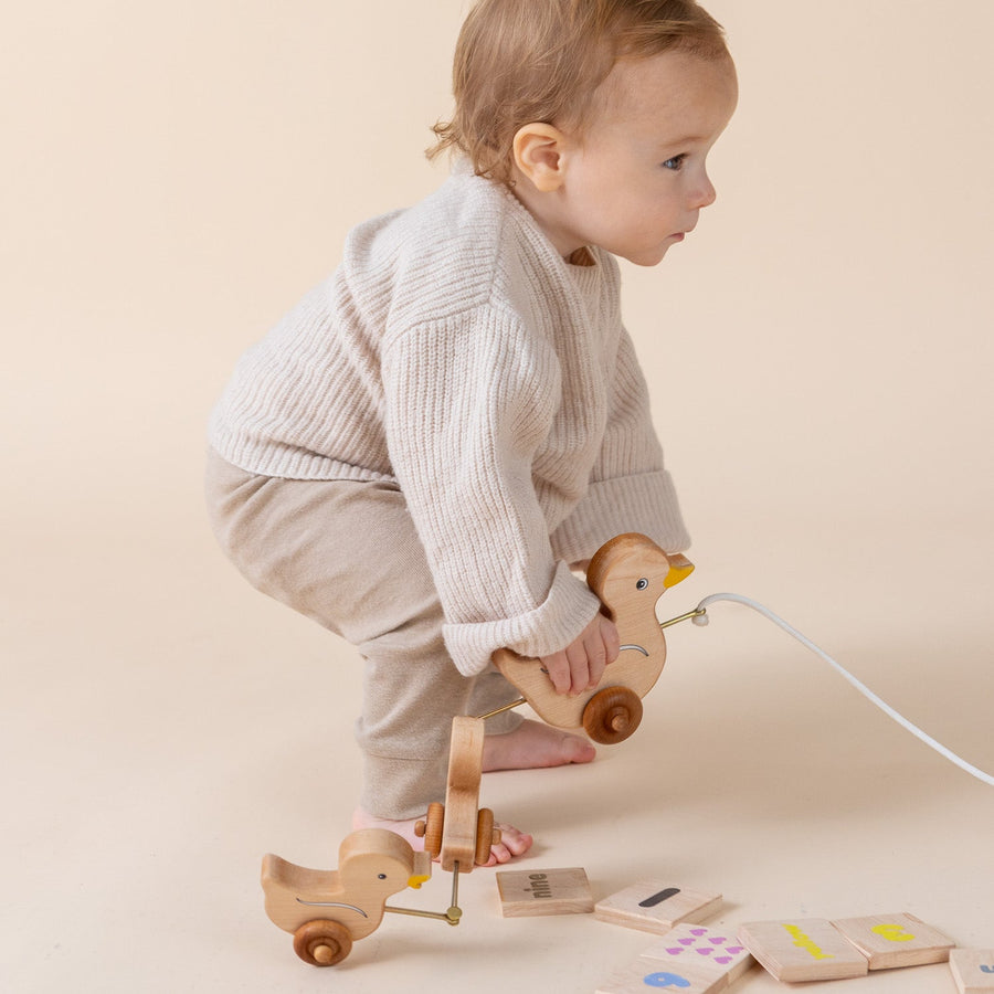 Child pulling a linked wooden animal toy across the floor