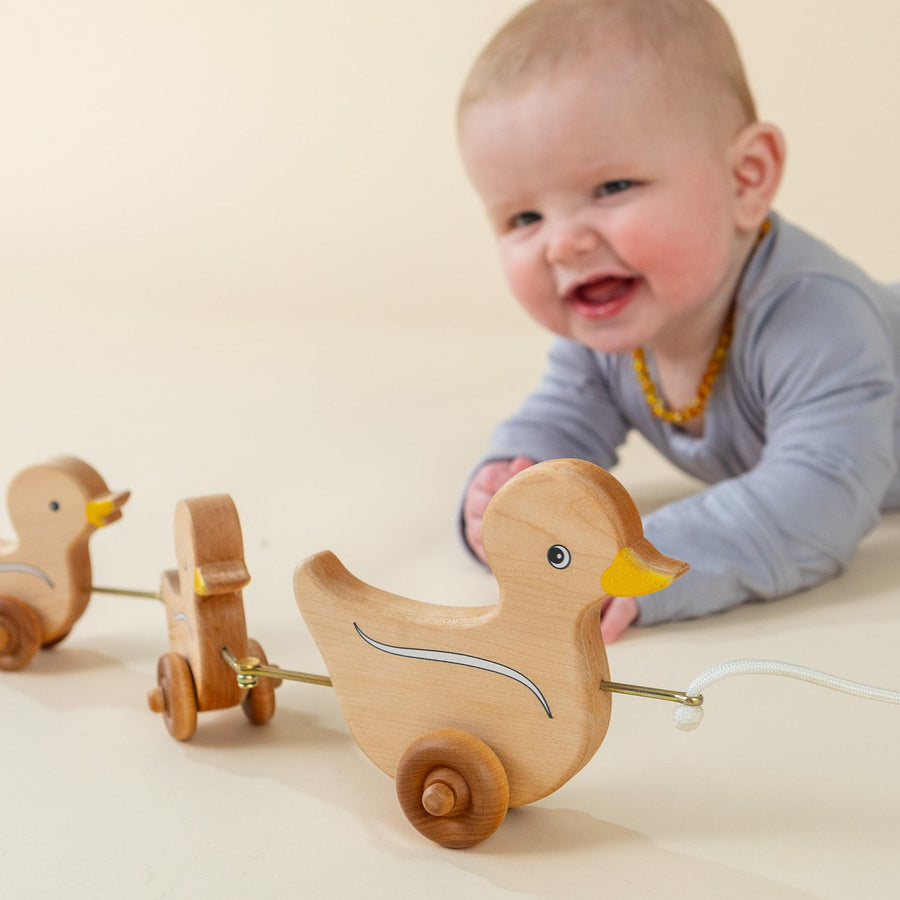 Baby exploring a linked wooden animal pull toy