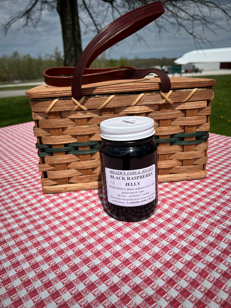 Miller’s Black Raspberry Jelly 18 oz jar with ingredient and Lamoni, Iowa production label.