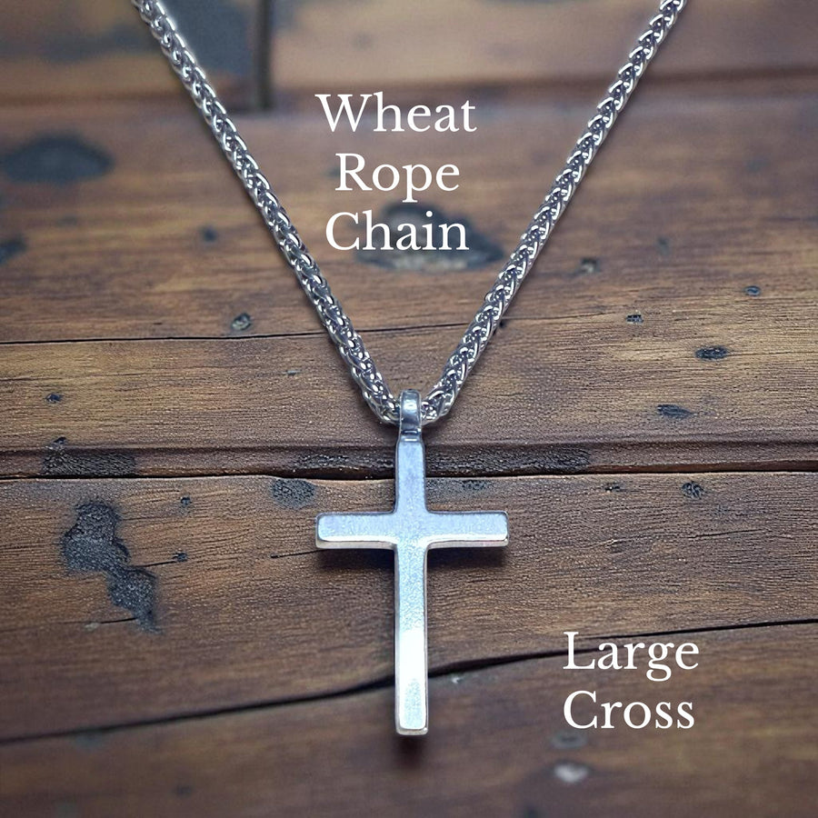 Large Classic Cross pendant on wheat rope chain