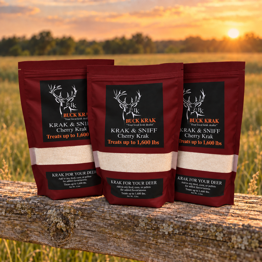 Three Cherry Krak & Sniff pouches on a tree stump at sunset