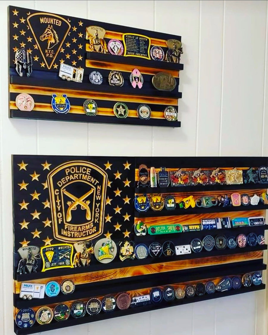 Custom Wooden Challenge Coin Display Flag with Engraved Badge