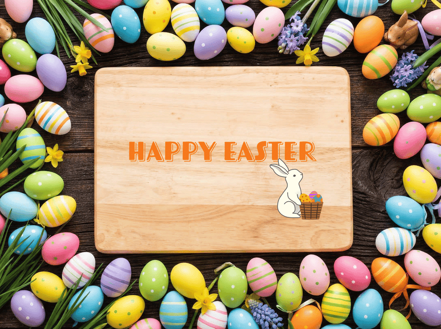 Happy Easter wooden serving board surrounded by decorated eggs