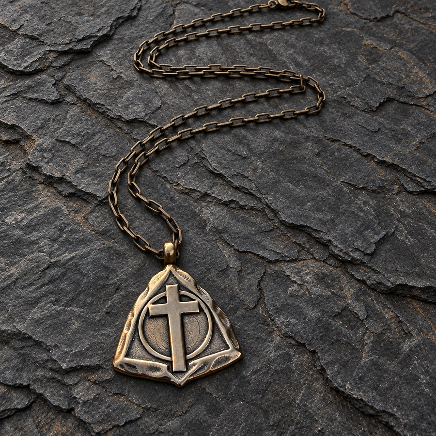 Resurrection Cross pendant and cable chain on dark stone