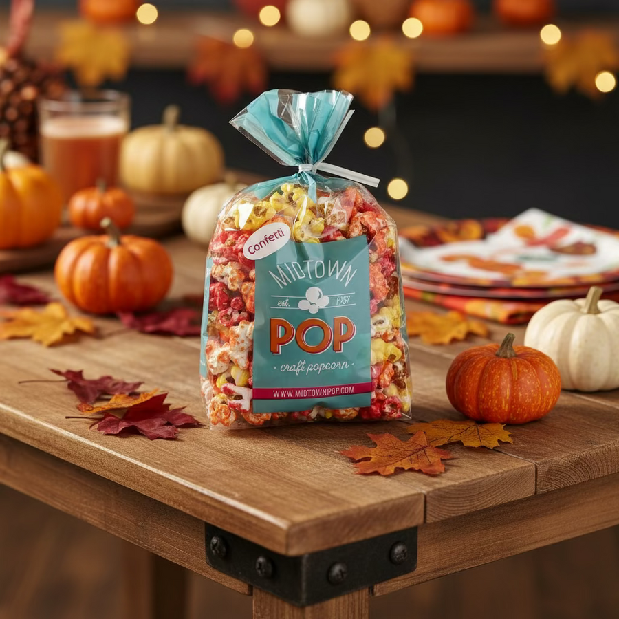 Autumn confetti popcorn displayed with pumpkins