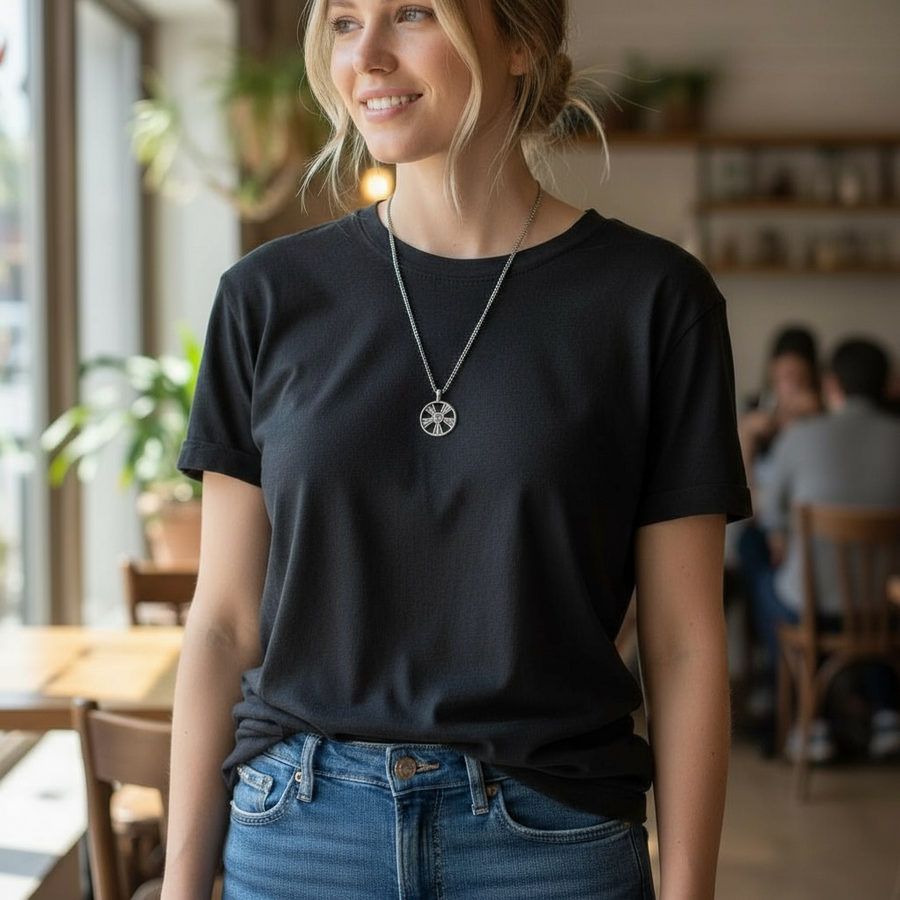 Model wearing the circular Shining Heart necklace