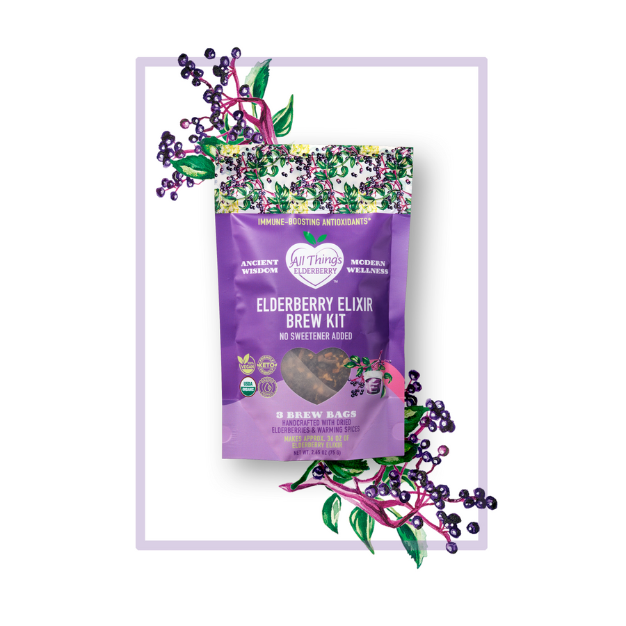 Organic elderberry elixir brew kit pouch labeled three brew bags