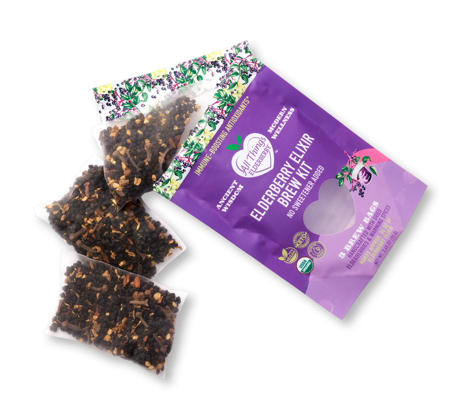 Open elderberry brew kit pouch with filled botanical brew bags