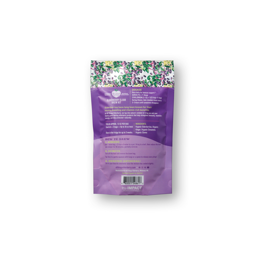 Back of elderberry brew kit pouch showing ingredients and brewing directions
