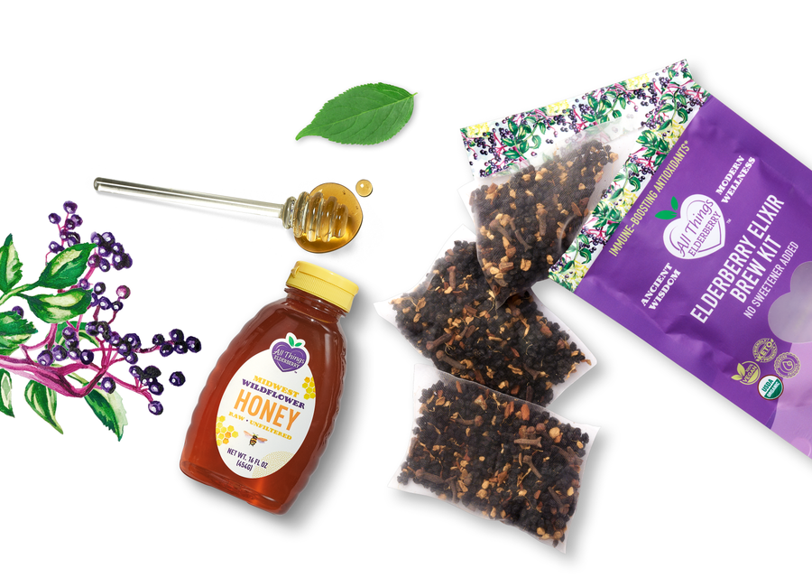 Elderberry brew bags with raw honey bottle and honey dipper; honey sold separately