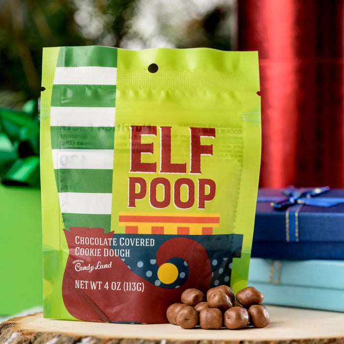 Chocolate Cookie Dough Bites – Elf Poop illustrated candy pouch