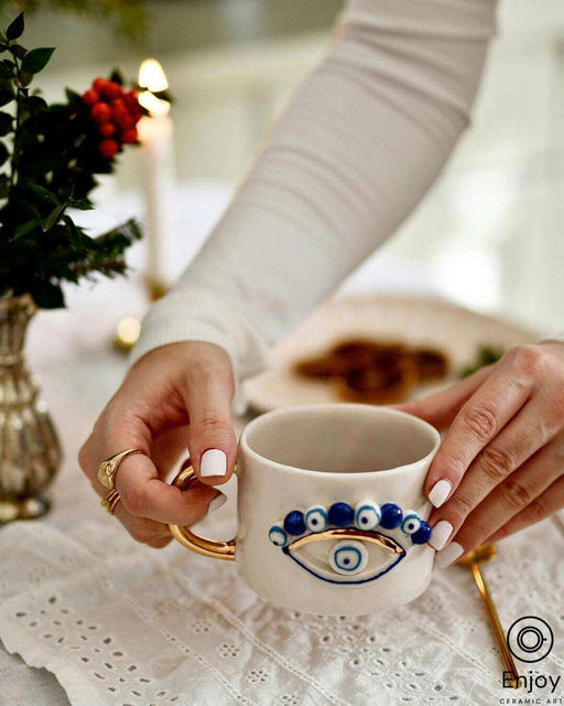 Evil Eye Coffee Mug - Artisanal, Handmade 10oz Ceramic Coffee Cup with Gold Handle, Evil Eye Protection Symbol