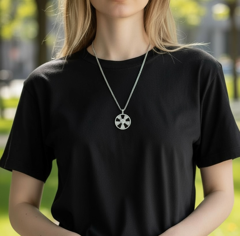 Model wearing the Shining Heart necklace with a black shirt