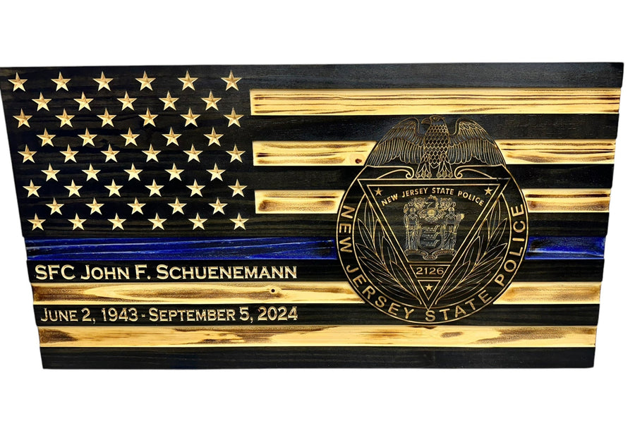Custom Thin Blue Line Wooden Flag with Engraved Police Badge