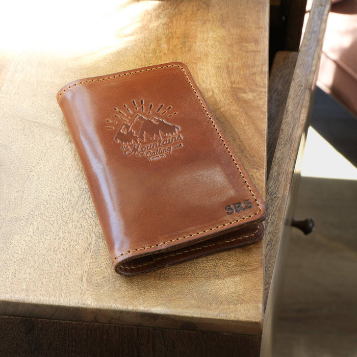Closed Personalized Lifetime Leather Field Notes Wallet on a table.