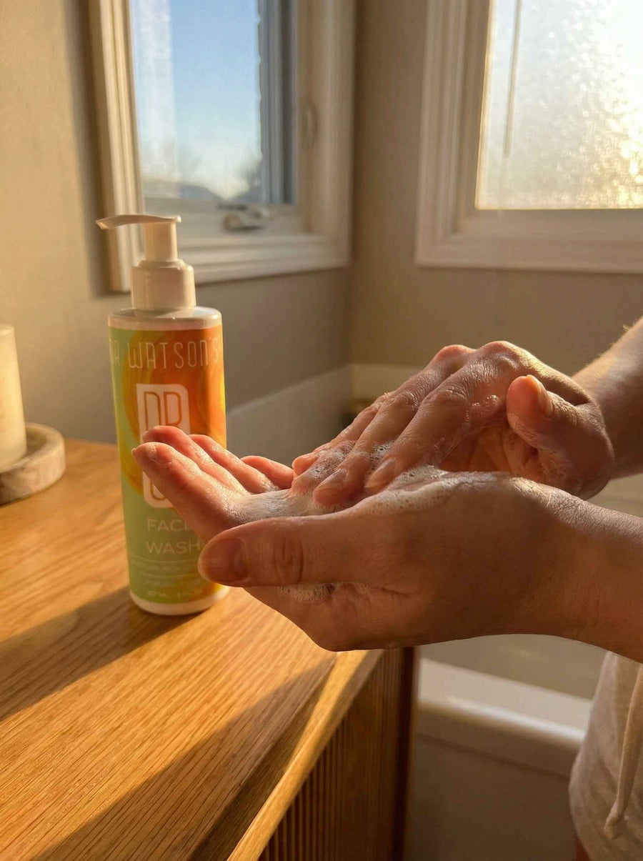 Face wash bottle beside hands holding cleanser foam
