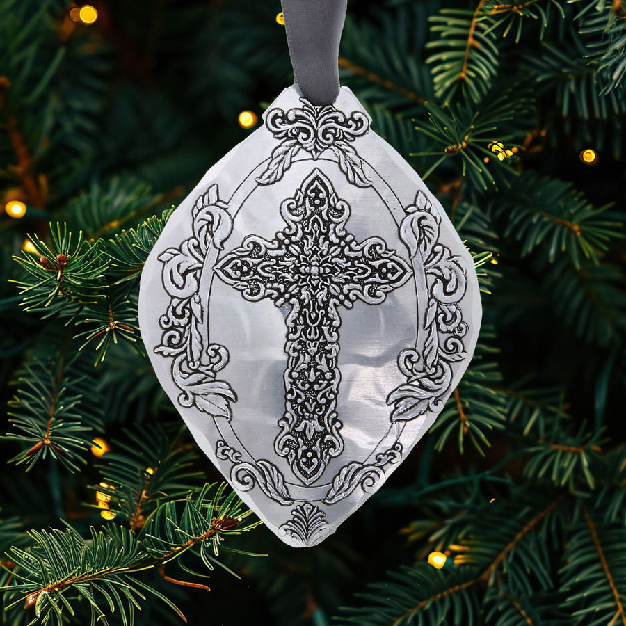 Styled display featuring Faithful Moments Cross Ornament