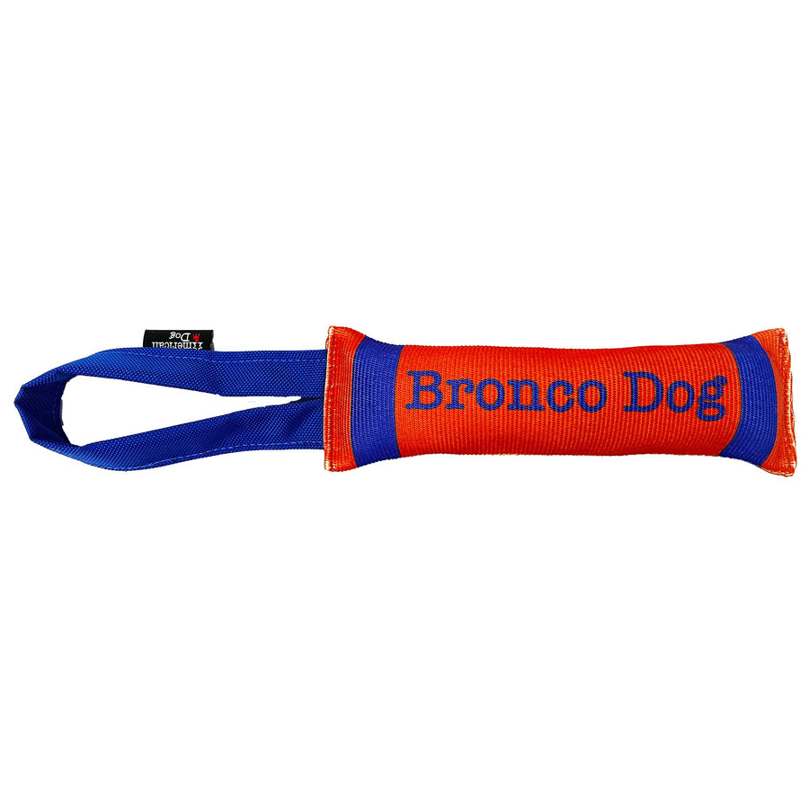 Bronco Dog orange and blue fire hose tug with blue handle
