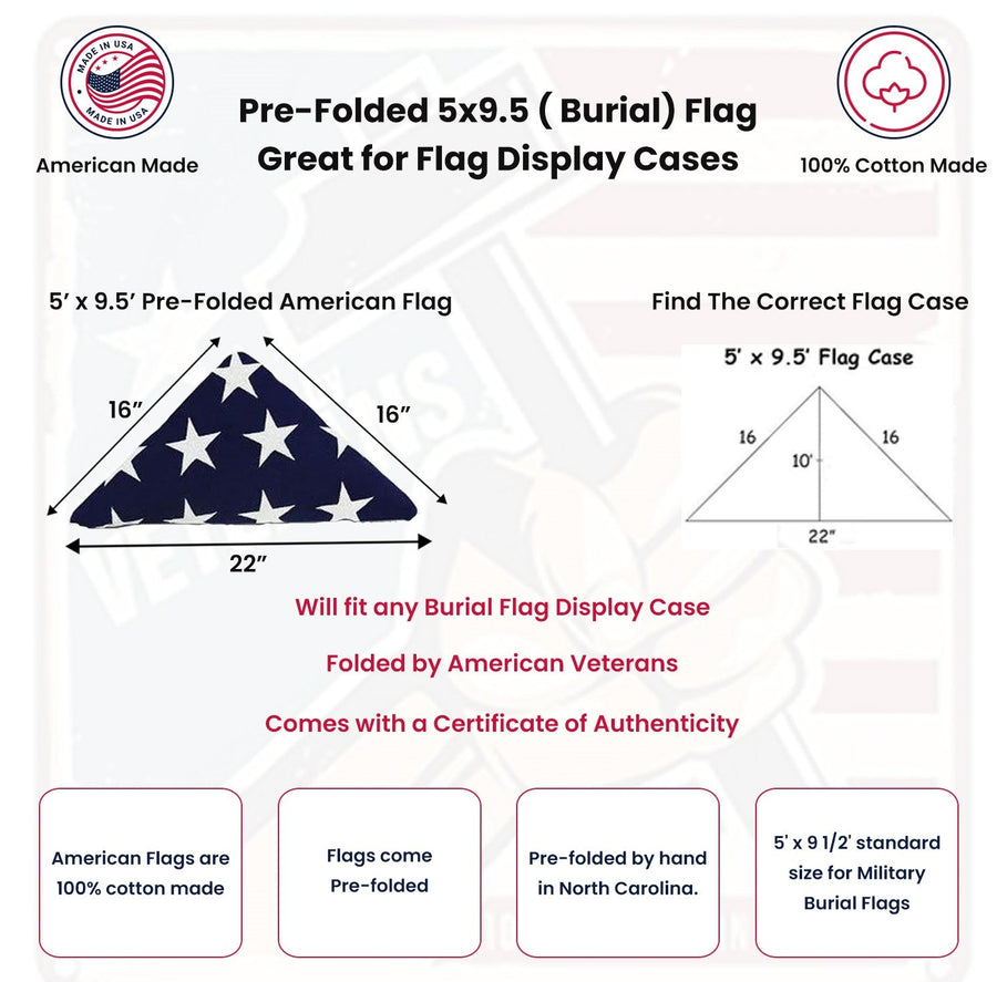 Supplier specification graphic for a 5 x 9.5 foot pre-folded burial flag