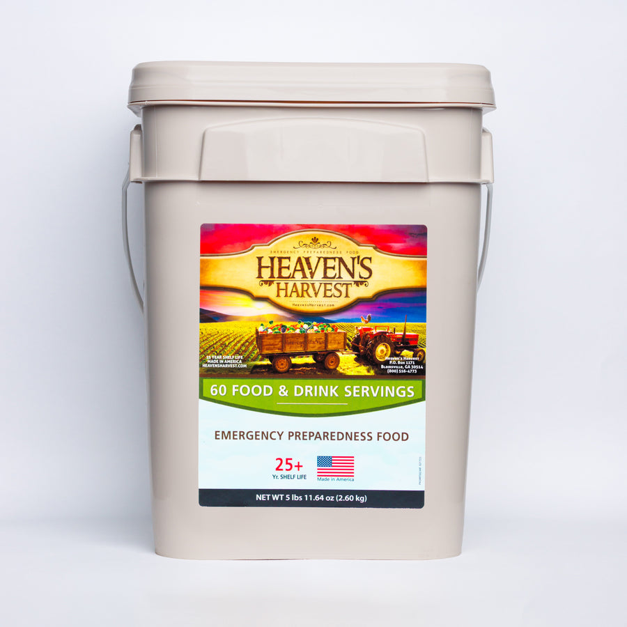 Heaven's Harvest starter food and drink bucket, front label