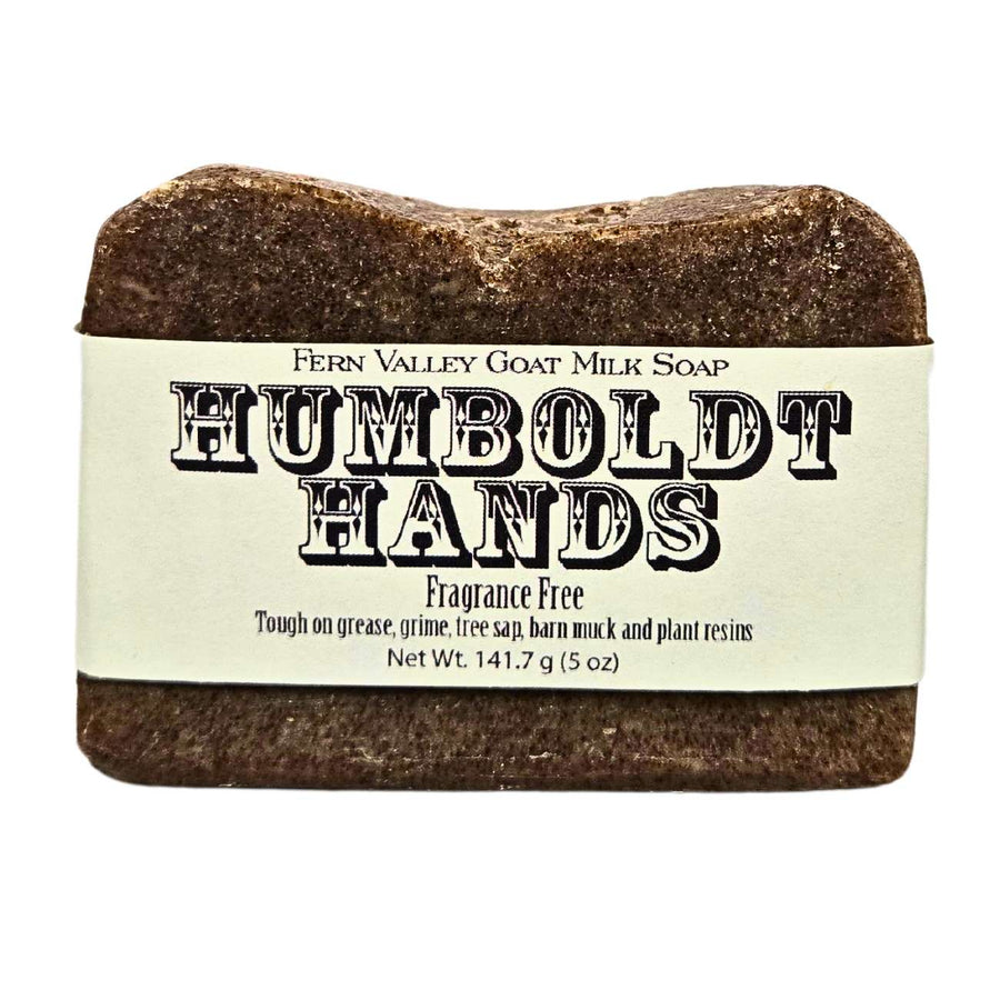 Humboldt Hands Fragrance-Free goat milk soap — labelled working-hand soap bar, front view