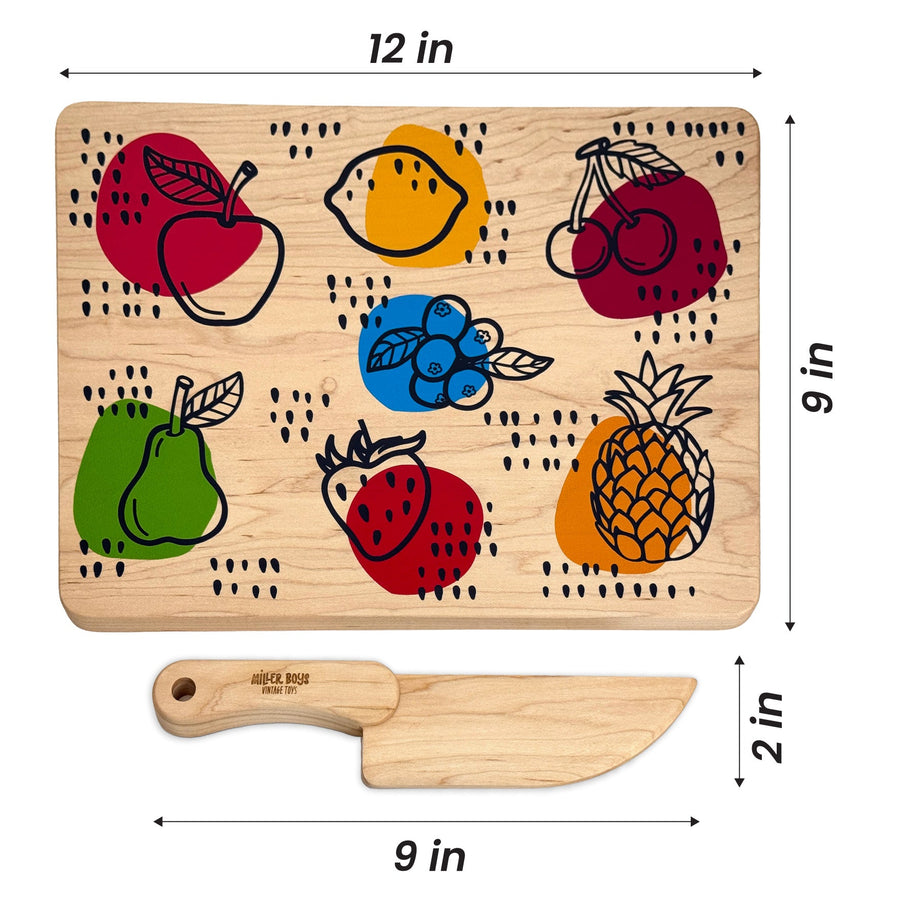 Little Chef Maple Cutting Board, Wooden Knife & Apron Set with dimension annotations