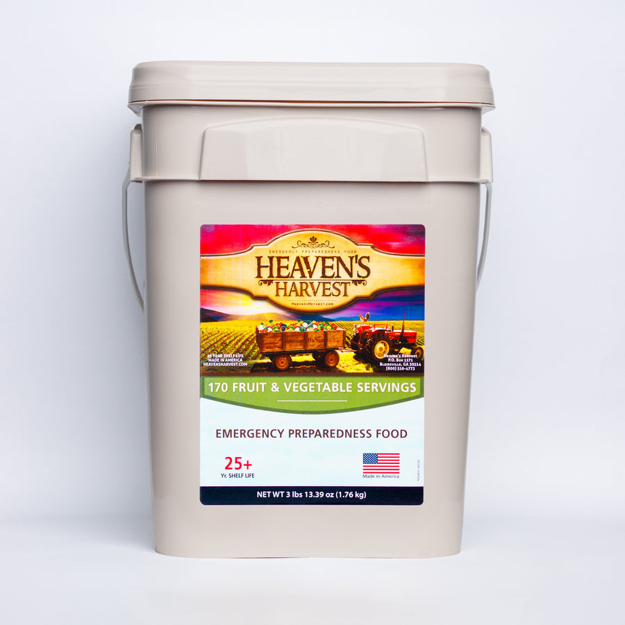Heaven's Harvest fruit and vegetable bucket, front label