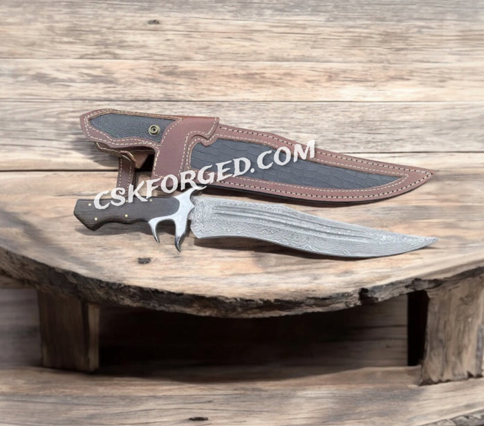 Handmade Damascus Steel 'Dragon Slayer' Knife – Brown Burl Handle, Razor-Sharp, Collector’s Edition