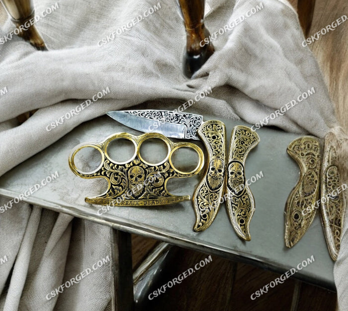 Engraved Brass Knuckle Set – Ornate Skull Design With Pocket Knife