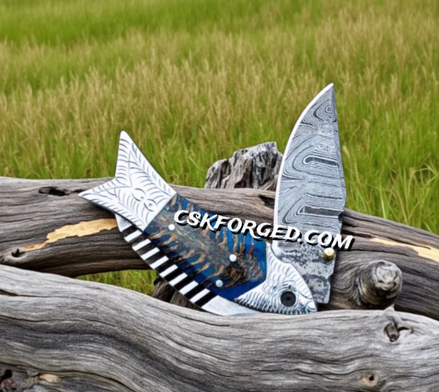 Pinecone Handle Fish Folding Pocket Knife 7" Damascus Steel Pocket Knife