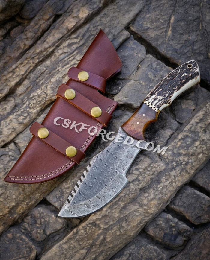 Tom Brown Inspired Nightfall Navigator Hand Forged Damascus Bushcraft Knife Full Tang - Stag Antler & Wood Handle