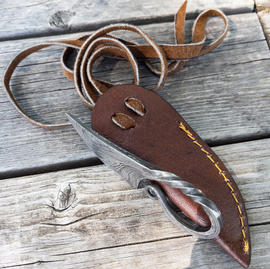 Miniature Damascus Steel Pocket Neck Knife - Medieval Scandinavian Inspired Hand Forged Collectible Viking Knife