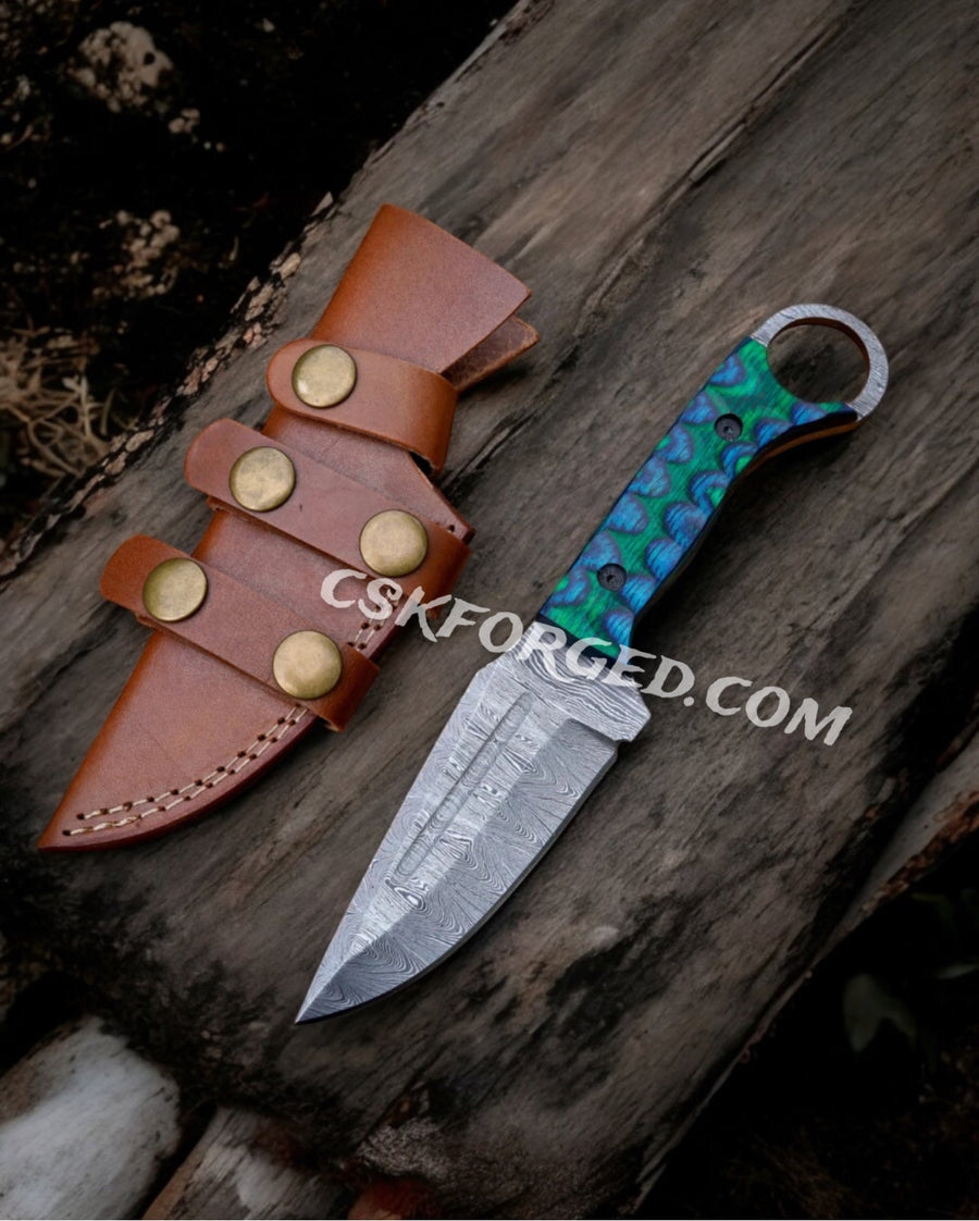 Mystic Blade 9" Damascus Steel Hunting Knife with Jiggle Wood Handle