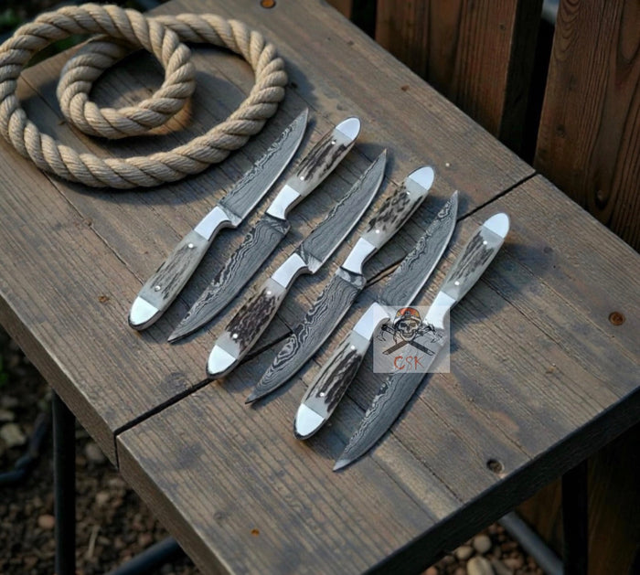 Valhalla Feast Damascus Steak Knife Set – 6-Piece Hand-Forged Damascus Steel Blades