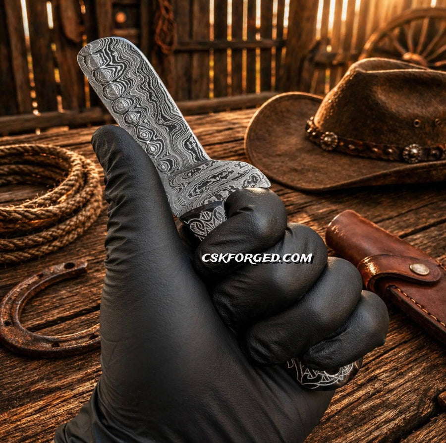 Cowboy Knife Damascus Bullcutter Buffalo Horn Hunting Knife Pancake Sheath