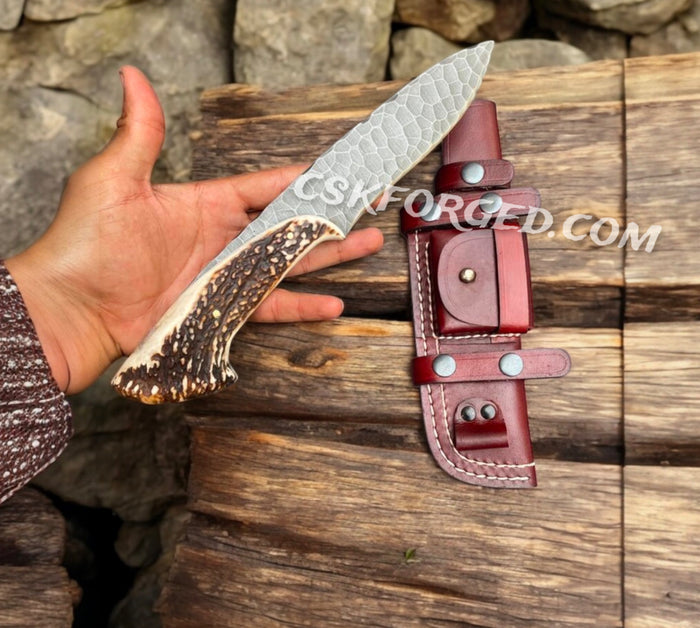 Handmade High carbon Steel Knife with Antler Handle – Razor-Sharp, Patterned Blade for Precision Edge