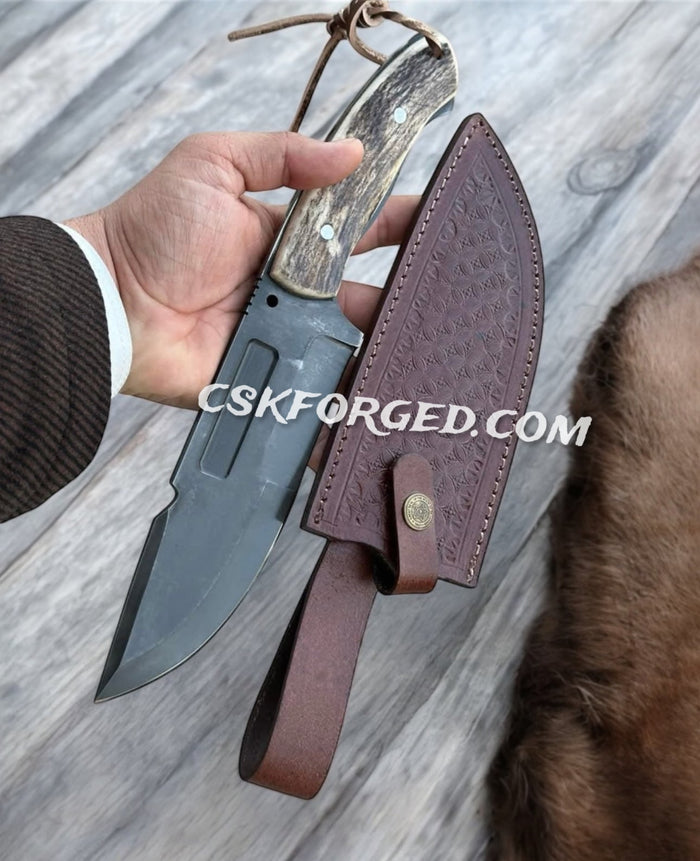D2 Steel Hunting & Survival Knife Antler Handle