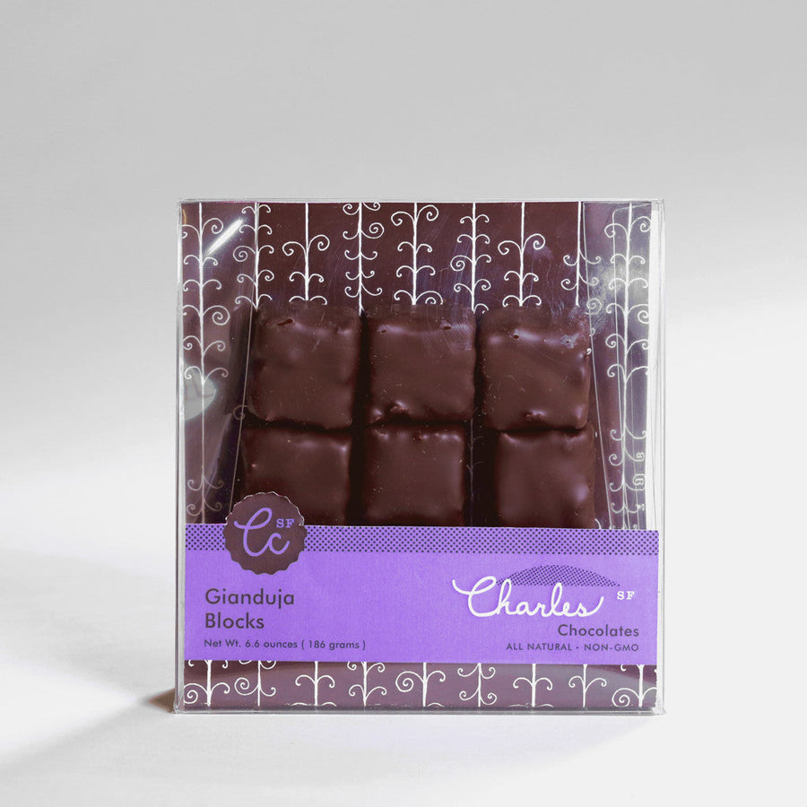 Gianduja hazelnut praline blocks in their earlier labeled package