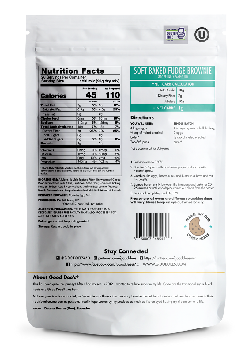 Keto Soft Baked Fudge Brownie Mix - Gluten Free and No Added Sugar, 1lb Bag