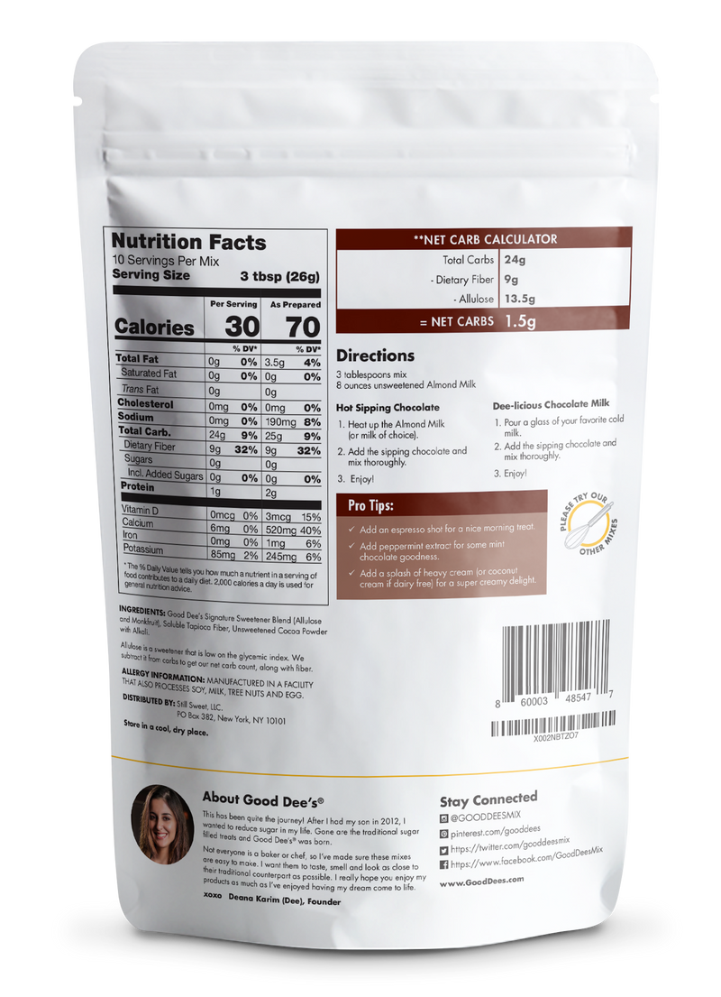 PRESALE: Good Dee's Sipping Chocolate Low Carb Drink Mix - Vegan, No Sugar Added*, Soy Free and Gluten Free