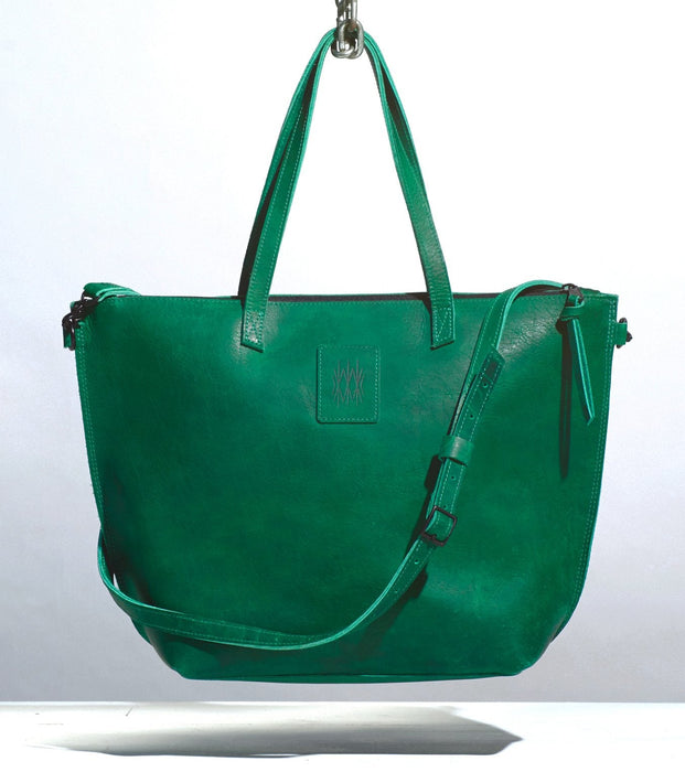 Large green turquoise purse with short and long strap made by hand in portland maine with leather