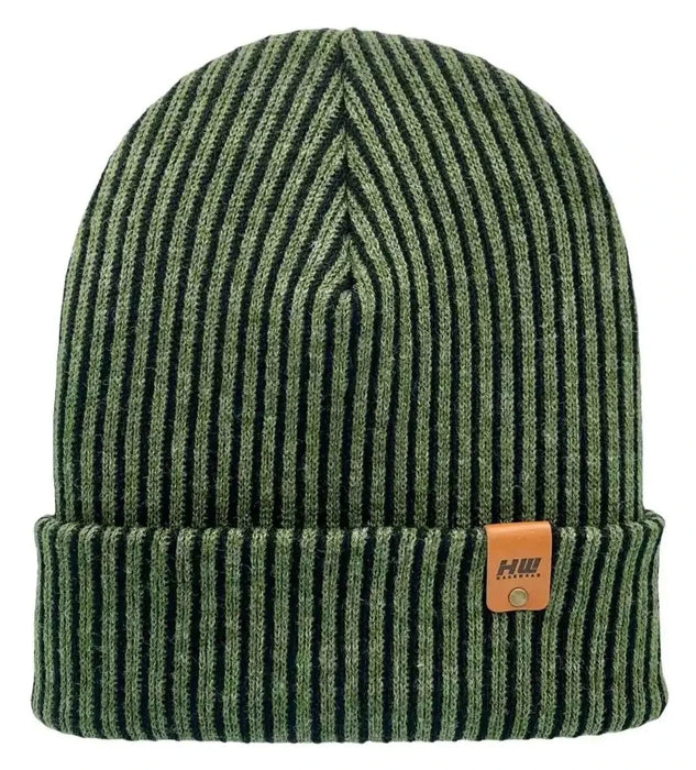 Cuffed Wide Ribbed Striped Beanie, Contrast, Black and Green, Classic Beanie