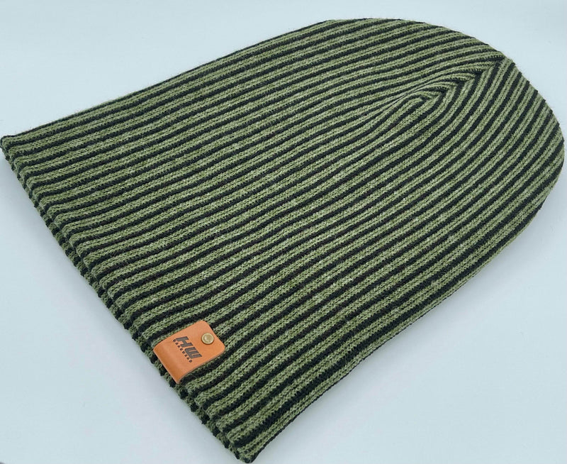HAAKWEAR Cuffed Wide Ribbed Striped Beanie / Hat, Black / Green, Limited Edition - Made in USA