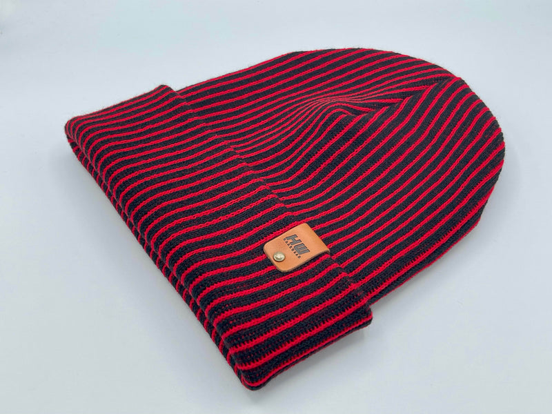 HAAKWEAR Cuffed Wide Ribbed Striped Beanie / Hat, Black / Red, Limited Edition - Made in USA