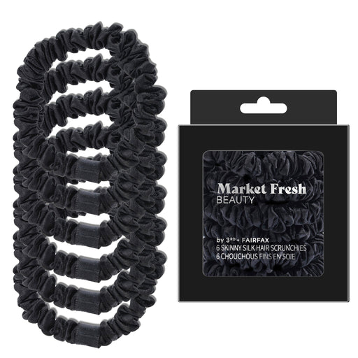 Market Fresh Beauty 100% Mulberry Silk Skinny Hair Scrunchies, 6 Pack - Silk Hair Ties for All Hair Types, Prevents Hair Breakage & Crease-Free Hold - Elegant Black