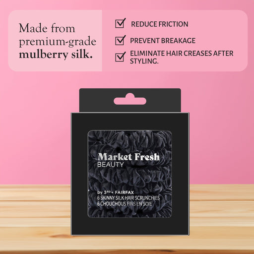 Market Fresh Beauty 100% Mulberry Silk Skinny Hair Scrunchies, 6 Pack - Silk Hair Ties for All Hair Types, Prevents Hair Breakage & Crease-Free Hold - Elegant Black
