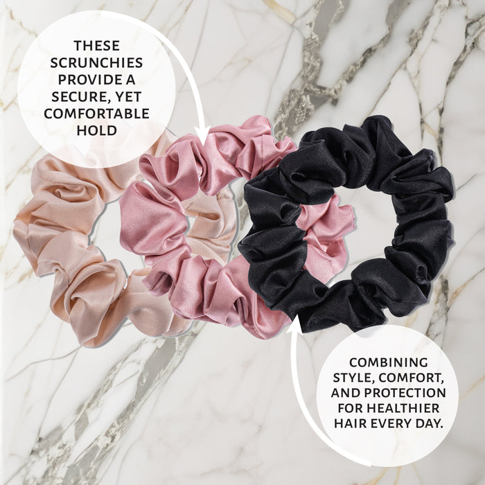 Market Fresh Beauty 100% Mulberry Silk Hair Scrunchies, 3 Pack - Large Silk Scrunchies for All Hair Types, Prevents Hair Breakage & Crease-Free Styling - Luxurious Soft Pink, Beige, and Black