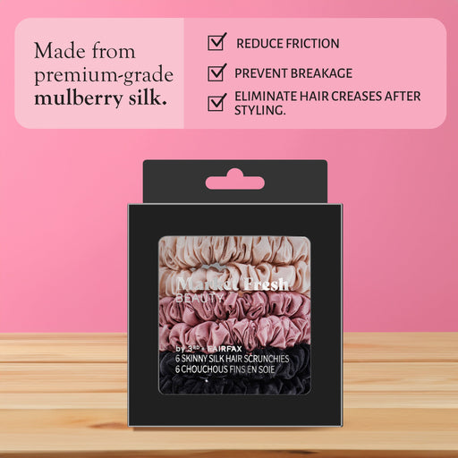 Market Fresh Beauty 100% Mulberry Silk Skinny Hair Scrunchies, 6 Pack - Silk Hair Ties for All Hair Types, Prevents Hair Breakage & Crease-Free Hold - Elegant Beige, Blush Pink, Black